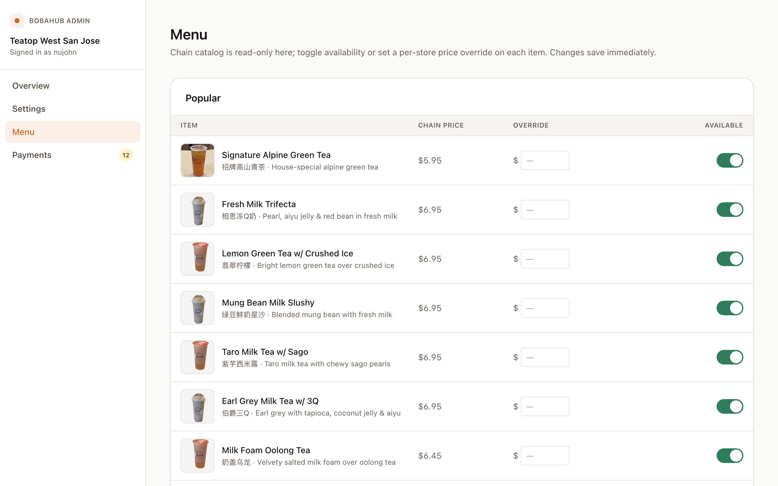 BobaHub admin menu management screen