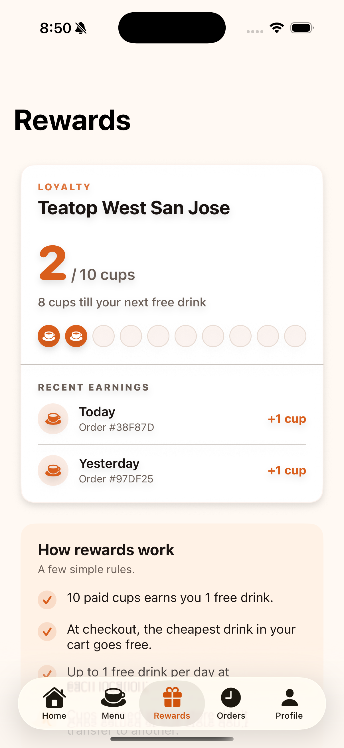 BobaHub customer rewards screen on iPhone