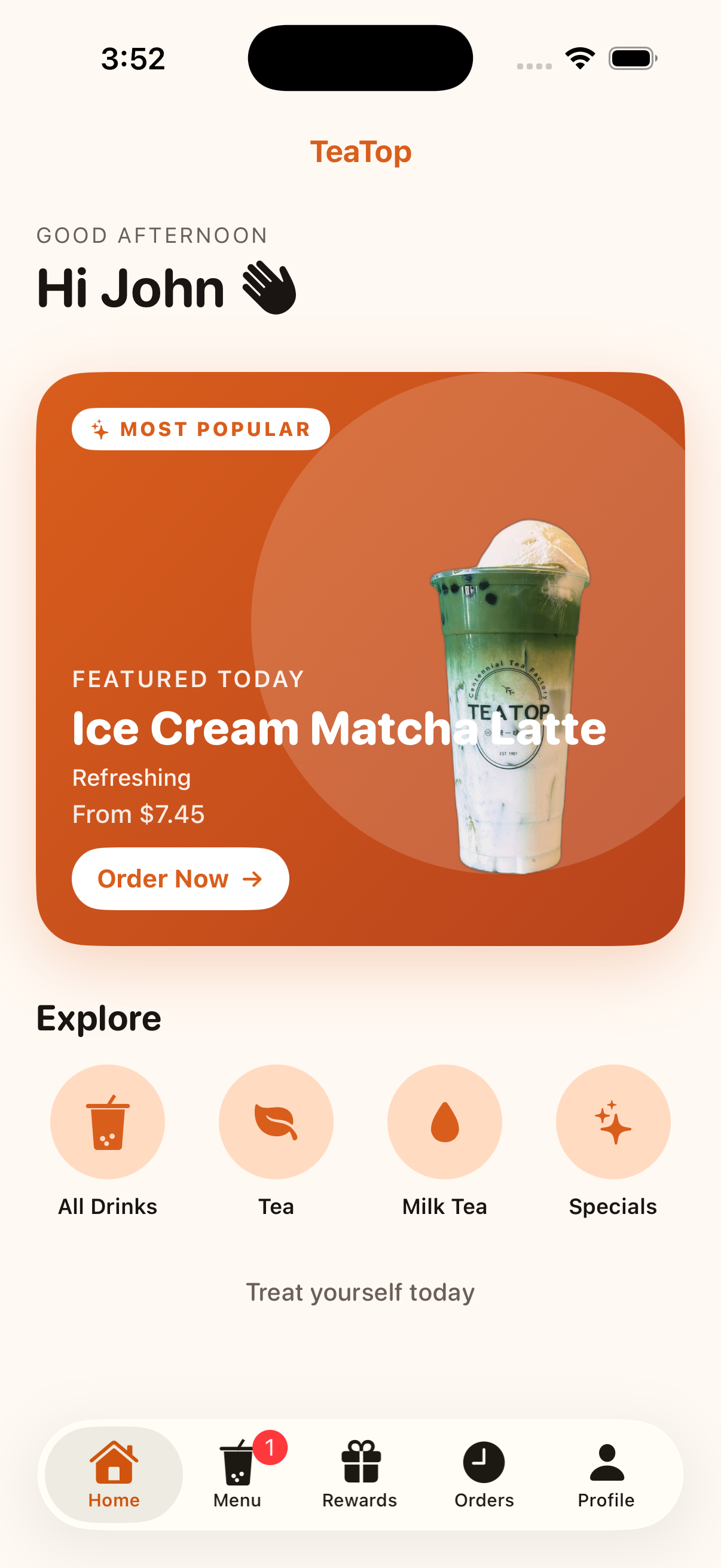 BobaHub consumer iPhone app home screen with featured drink