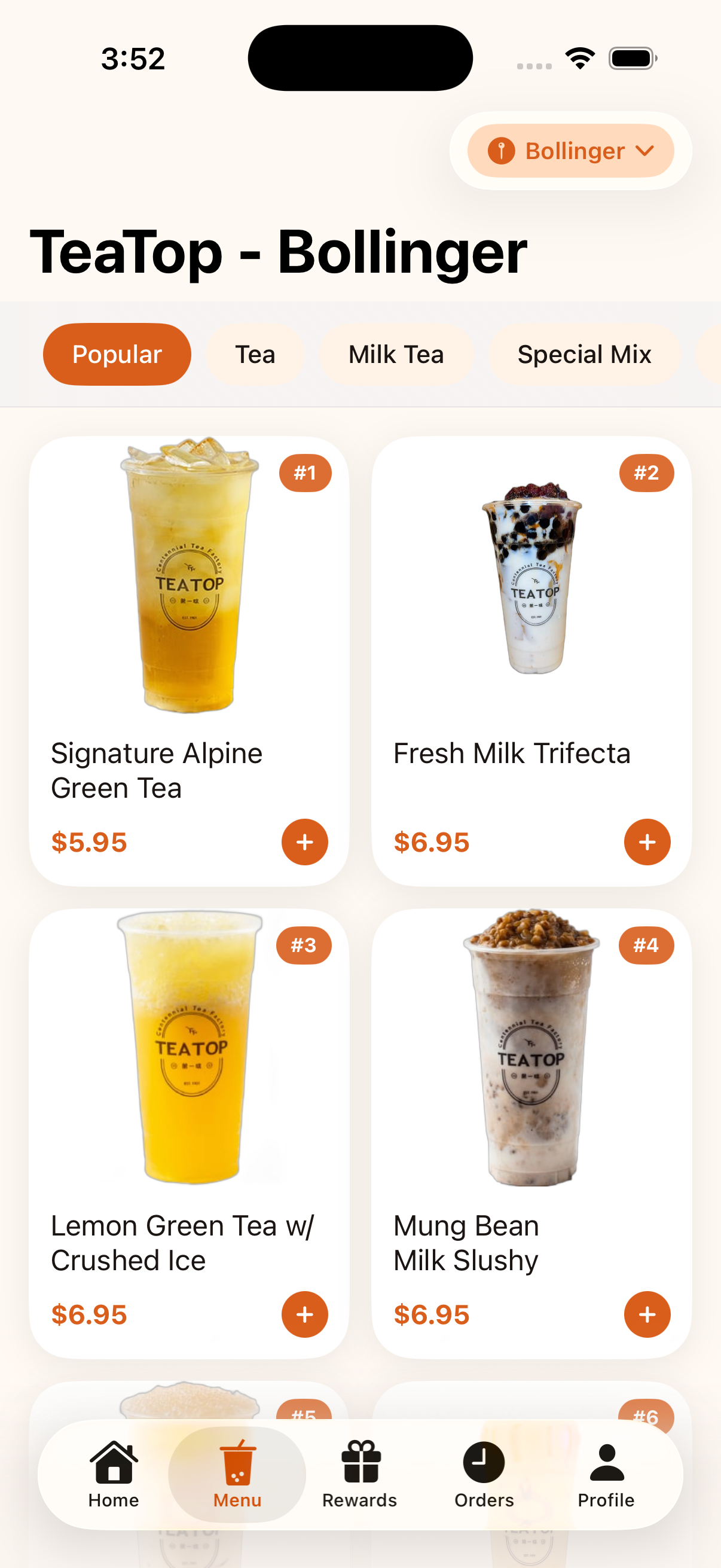 BobaHub iOS app menu with drink cards and prices