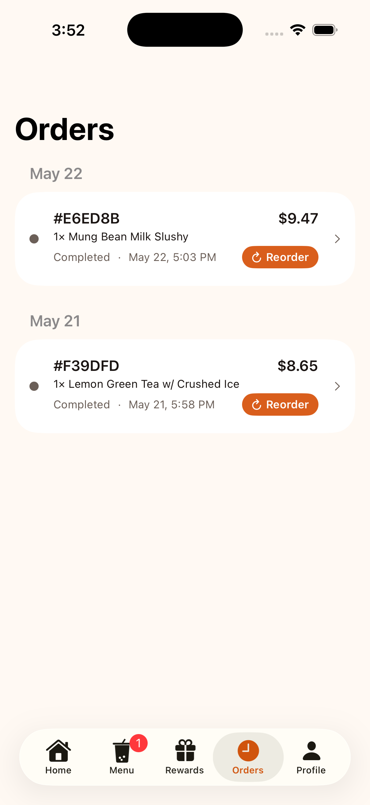 BobaHub iOS app order history with reorder