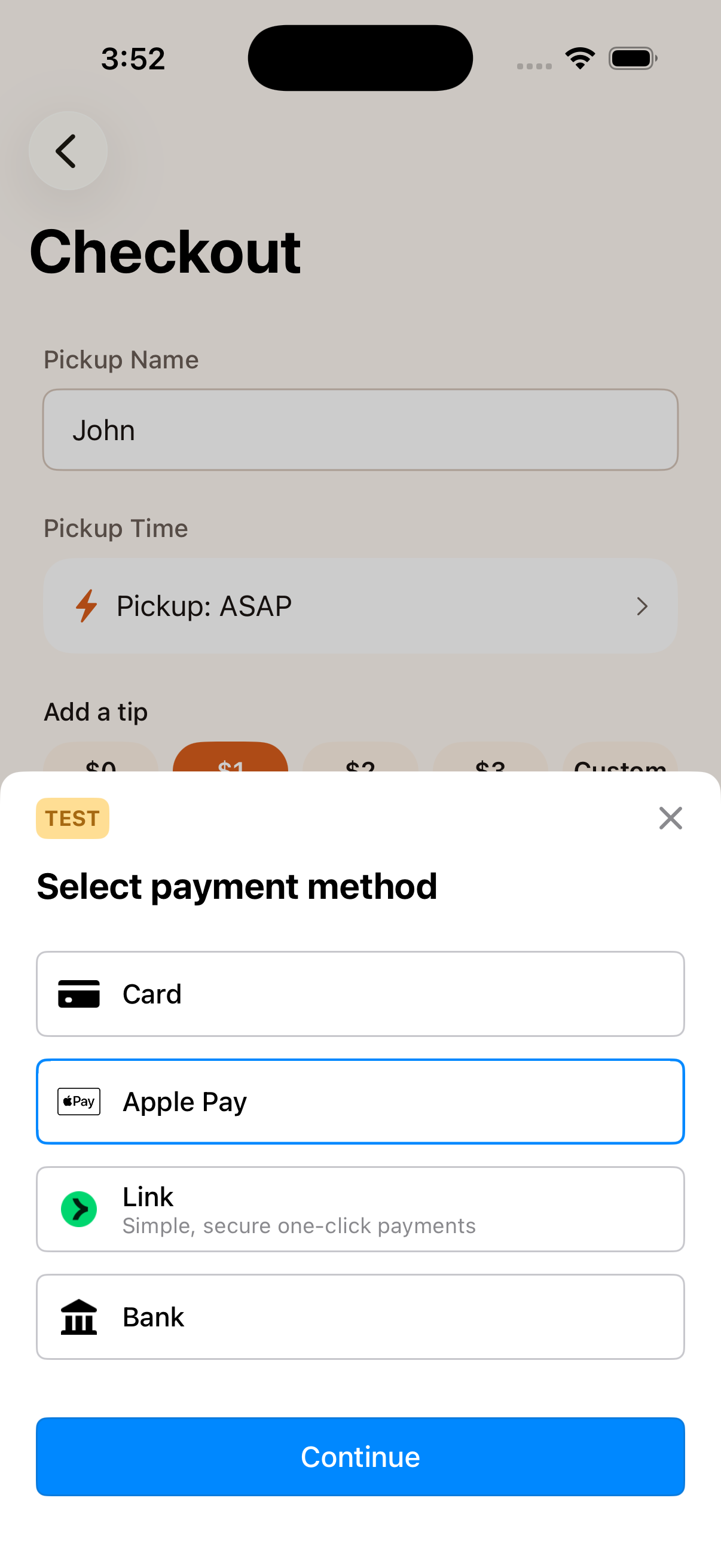 BobaHub iOS app checkout with Apple Pay payment sheet