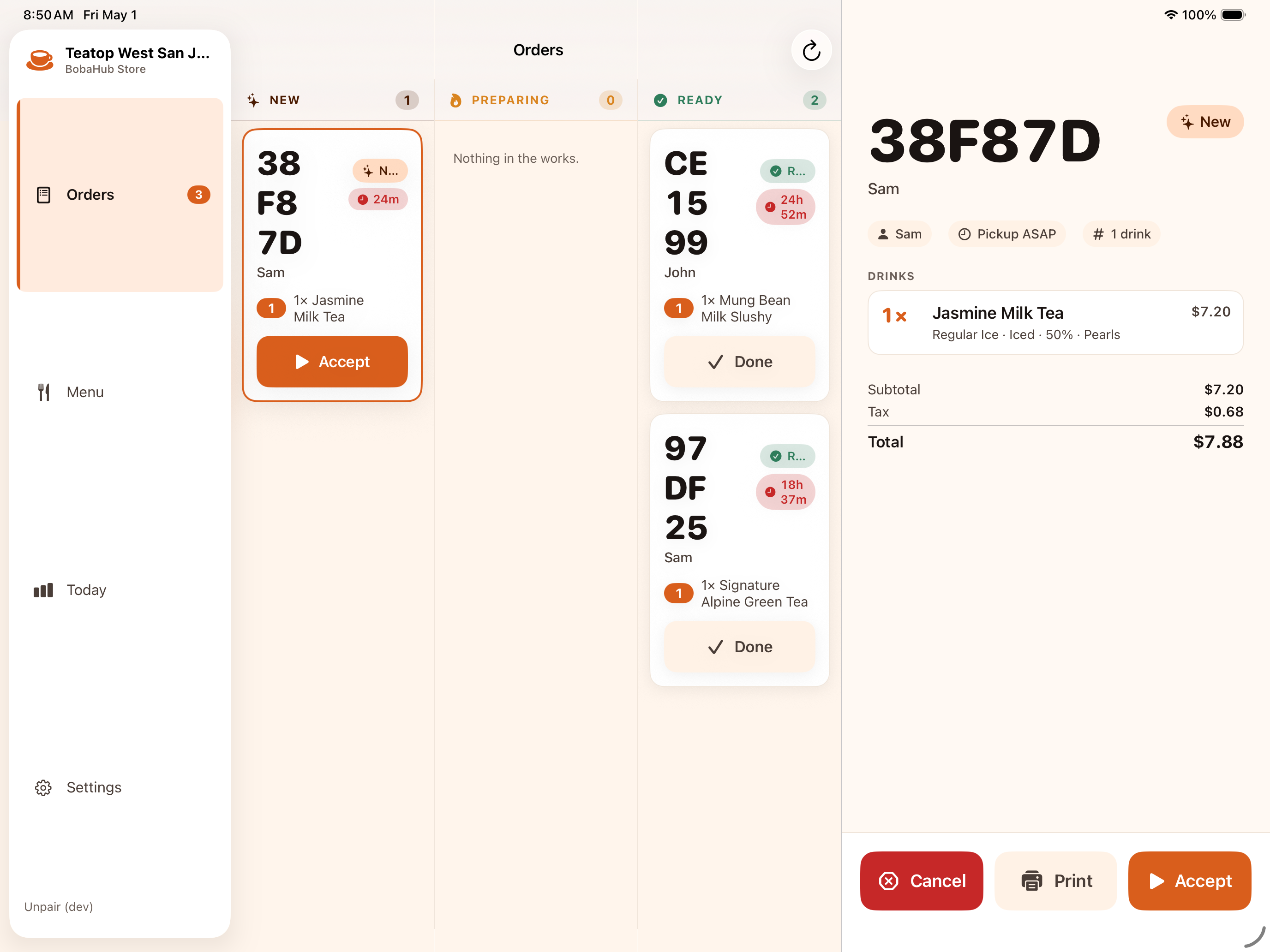 BobaHub store orders board on iPad