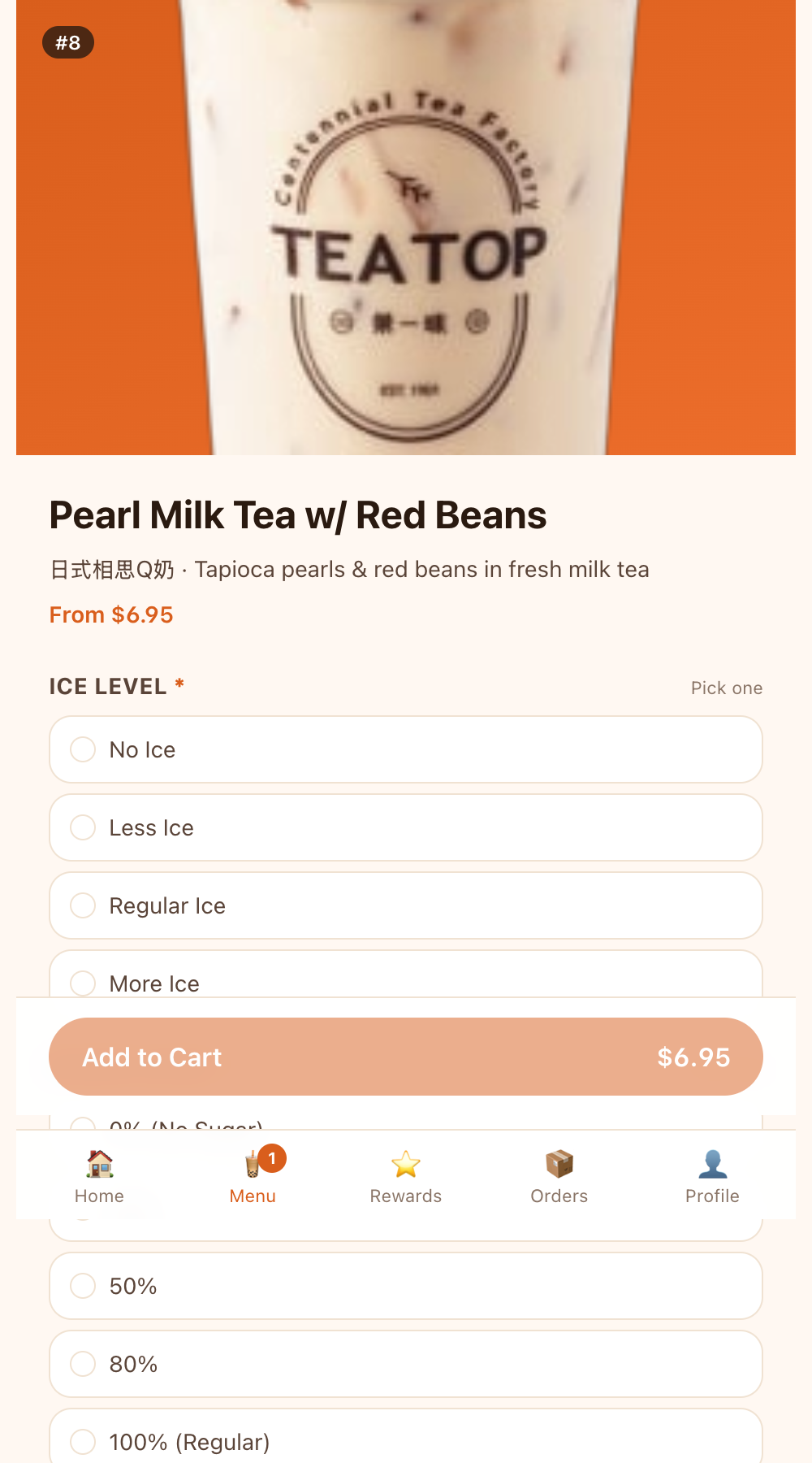 BobaHub web app drink customization with ice, sugar, and toppings
