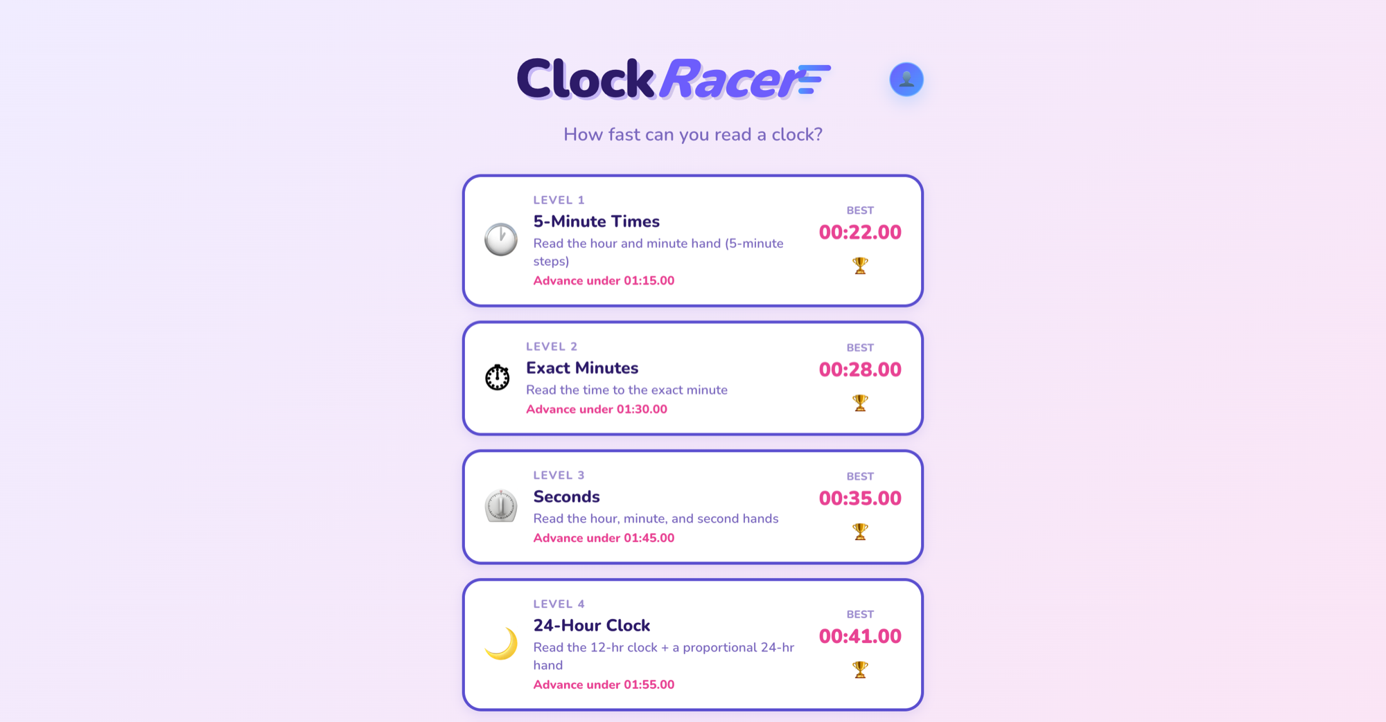 ClockRacer level select with all six levels unlocked and best times