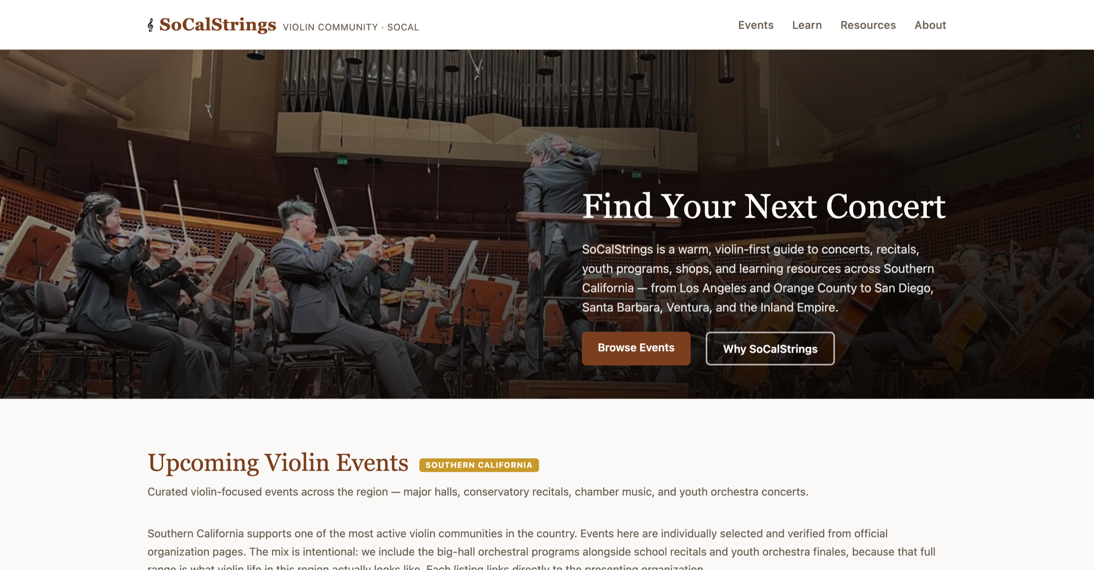 SoCalStrings concert discovery homepage for Southern California